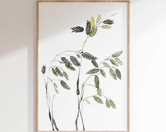 May include: Watercolor botanical print featuring delicate stems and leaves in shades of green and gray against a white background. The artwork is framed in a light brown wooden frame, adding a natural touch to the minimalist design. A perfect addition to any home decor.