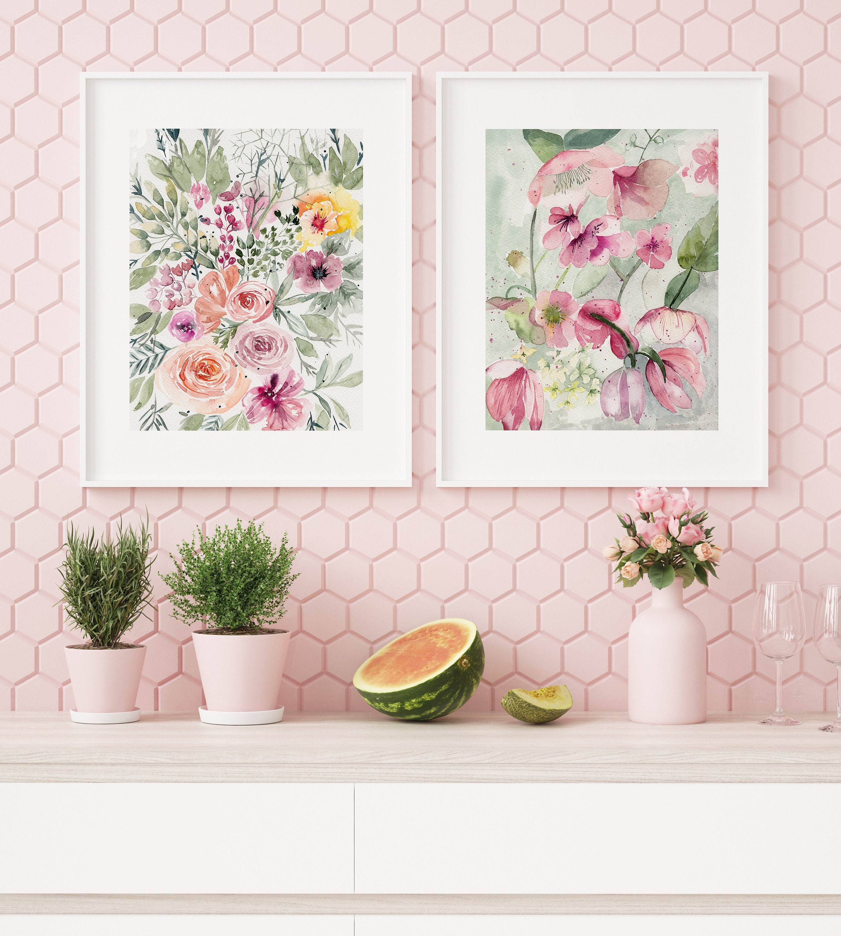 Floral Wall Art Set of Two Prints Instant Download Flower Etsy