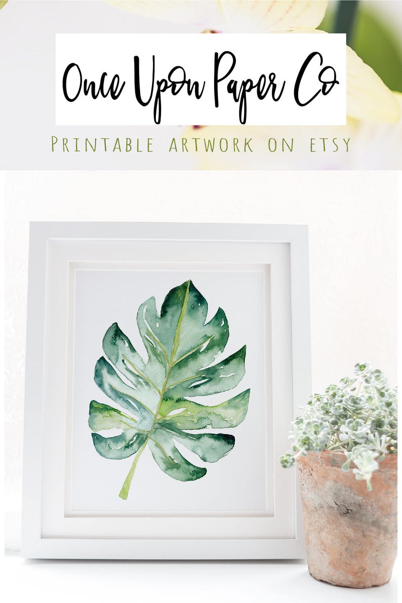 Watercolor Leaf Plant print, Monstera Wall art digital print, Botanical painting with a tropical feel, Printable artwork of a house plant image 5