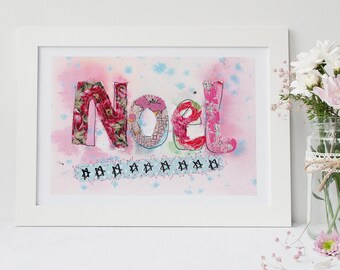 Noel Christmas Print: Handmade Fabric Letters, Pink Watercolor (Digital Download)
