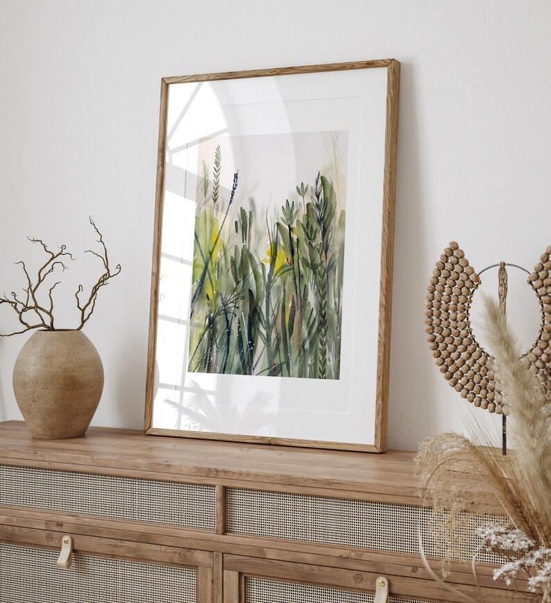 Green watercolor art print of grasses in nature, Flower print, Wild flowers, Abstract wall art, Flower print, Botanical print, grass art image 2