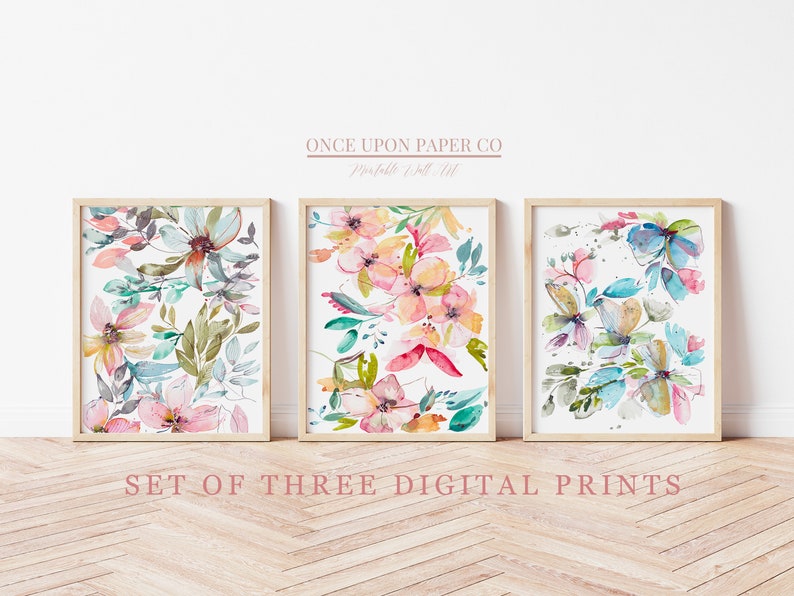 Watercolor Floral print set Art prints Set of three image 1