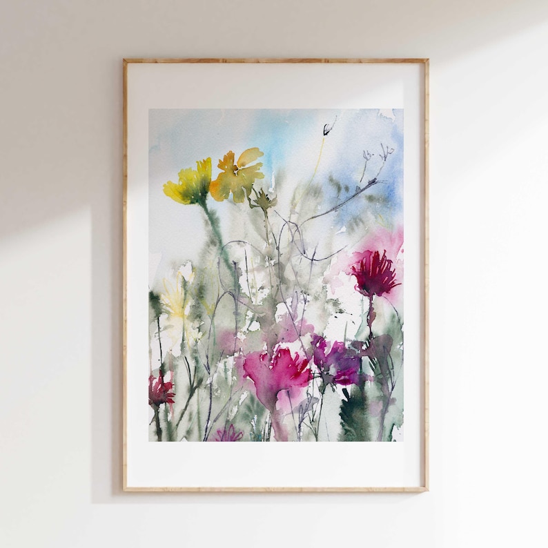 May include: Watercolor painting of a bouquet of pink and yellow flowers with green stems and leaves on a light blue background.