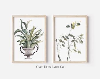 Set of 2 watercolor plant prints, Watercolor painting of house plant and seeds, Watercolor art digital print, instant download