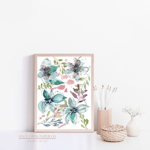 Abstract flower painting of blue flowers in watercolor, Flower wall decor, Printable flowers, floral wall art, watercolor printable image 9