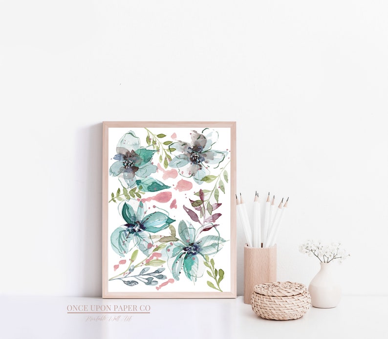 Abstract flower painting of blue flowers in watercolor, Flower wall decor, Printable flowers, floral wall art, watercolor printable image 9