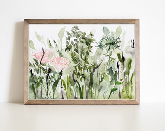May include: Watercolor painting of a garden scene in a wooden frame. The artwork features soft pink roses and various green foliage. The painting has a light and airy feel, with delicate brushstrokes and a natural aesthetic.