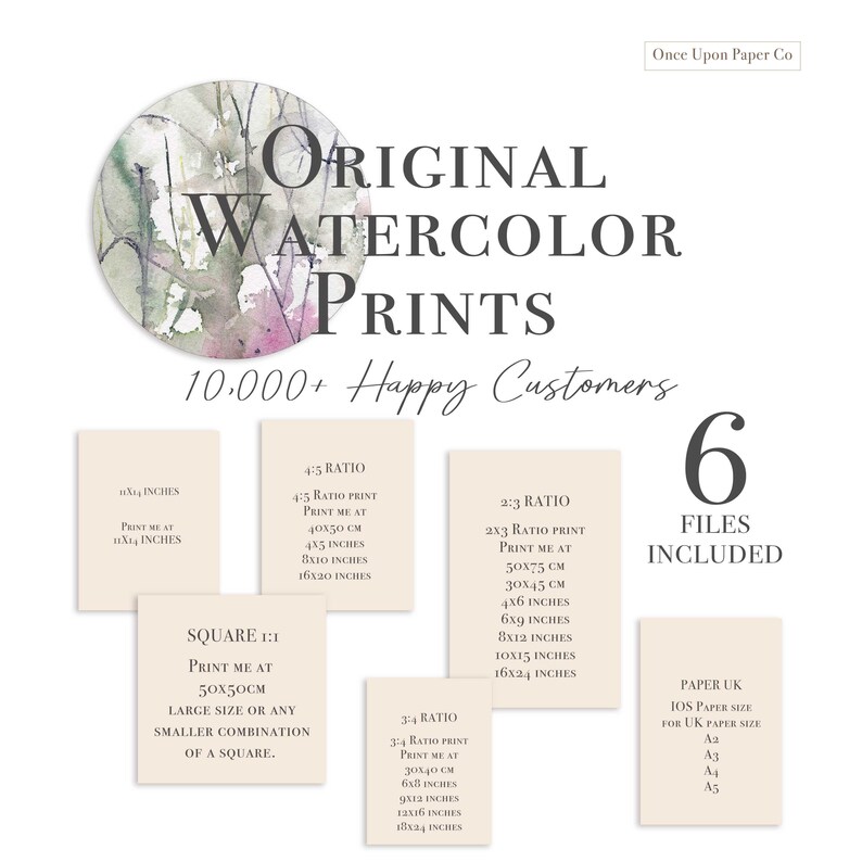 May include: Six digital files of original watercolor prints in various sizes, including 4x5 inches, 8x10 inches, 12x16 inches, 16x20 inches, 6x9 inches, 9x12 inches, 18x24 inches, 4x6 inches, 8x12 inches, 10x15 inches, 16x24 inches, and 50x50 cm. The files are available in UK paper sizes A3, A4, and A5.
