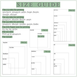 May include: A chart showing different file sizes for printing, including 2:3, 4:5, 3:4, 1:1, and square ratios. The chart also includes standard paper sizes like A3, A4, A5, and 5x7 inches. The chart is labeled "SIZE GUIDE".