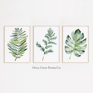 Tropical Leaf Set of 3 Watercolor Green Leaves, Modern Nature Gallery Wall Set, Jungle Foliage Painting, Tropical Vibe Garden Room Decor