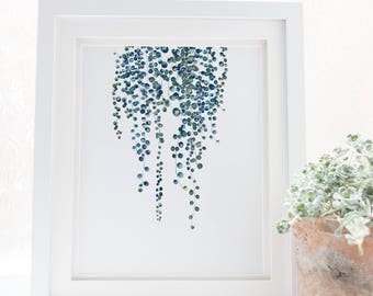 Blue Watercolor print of String of Pearls plant, Printable Wall art painting, Abstract painting Houseplant digital