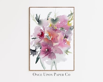 Impressão em aquarela de flores rosas: arte de parede floral abstrata (download digital)