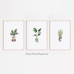 Botanical print set of 3 in watercolor, Plants in pots art, Plant wall art, Printable decor, Instant download, Tropical plant prints