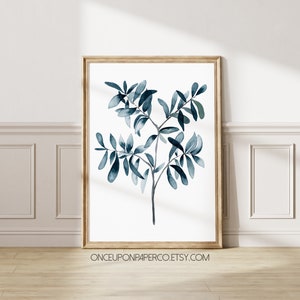 Impression aquarelle bleue d'olivier, impression d'illustration, art mural bleu marine, estampes végétales, décoration murale bleu marine, art végétal, peinture bleue