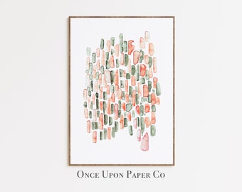 May include: Abstract watercolor art print featuring a collection of vertical brushstrokes in shades of green and coral. The artwork is framed in a brown wooden frame and includes the text "Once Upon Paper Co" at the bottom.