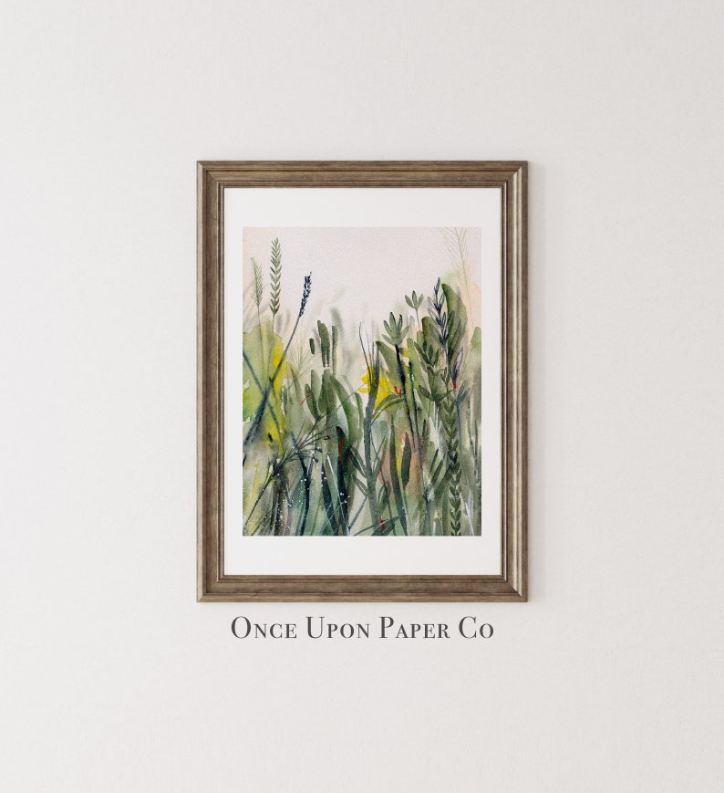 Green watercolor art print of grasses in nature, Flower print, Wild flowers, Abstract wall art, Flower print, Botanical print, grass art image 3