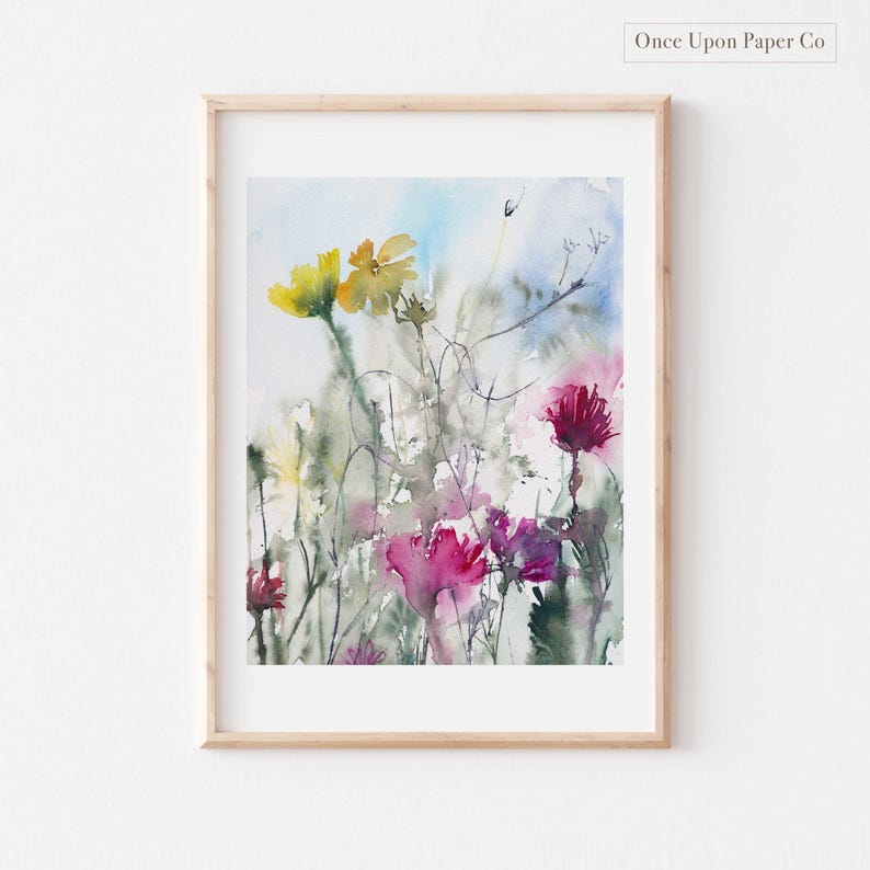 May include: Watercolor painting of a bouquet of pink, purple, and yellow flowers with green stems and leaves against a light blue background.