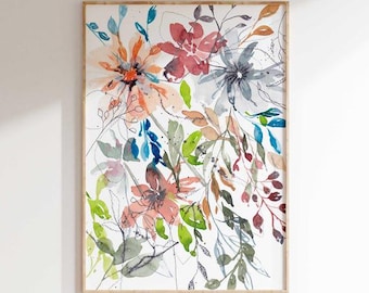 May include: Watercolor painting of a floral bouquet with pink, orange, blue, and green flowers and leaves on a white background.