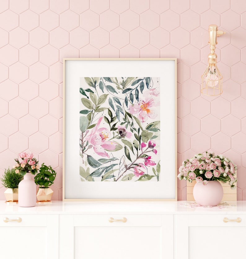 Floral print of Pink flowers and foliage in watercolor, Flower print, Floral pink art, floral prints, Flower wall decor, Floral art, instant image 7