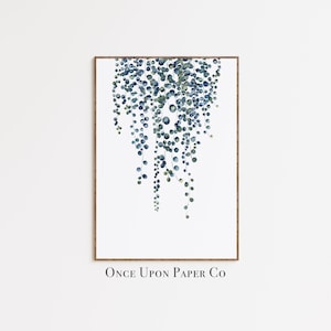 Blue Watercolor print of String of Pearls plant, Printable Wall art painting, Abstract painting Houseplant digital