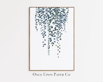 Blue Watercolor print of String of Pearls plant, Printable Wall art painting, Abstract painting Houseplant digital