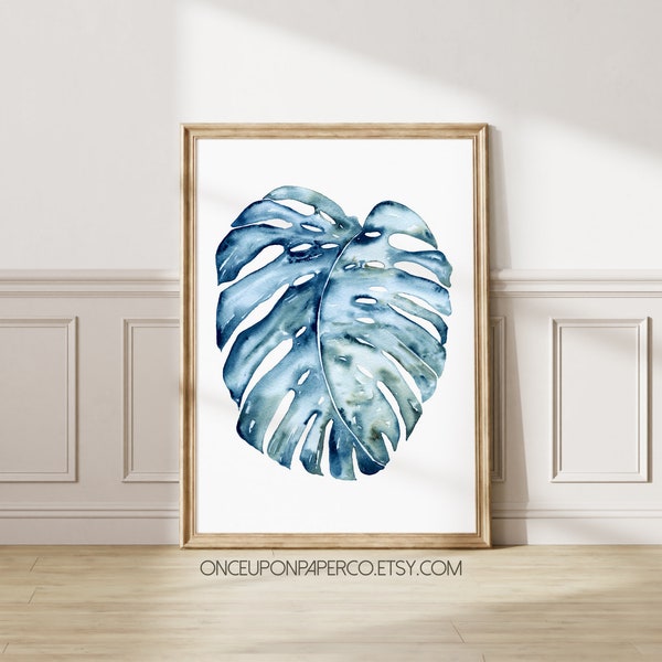 Blauwe monsterabladafdruk: abstracte aquarel botanische kunst (digitale download)