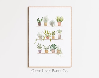 May include: A watercolor illustration of potted plants on shelves. The plants are in various shades of green and brown, and the shelves are a light brown. The text "Once Upon Paper Co" is at the bottom of the image.