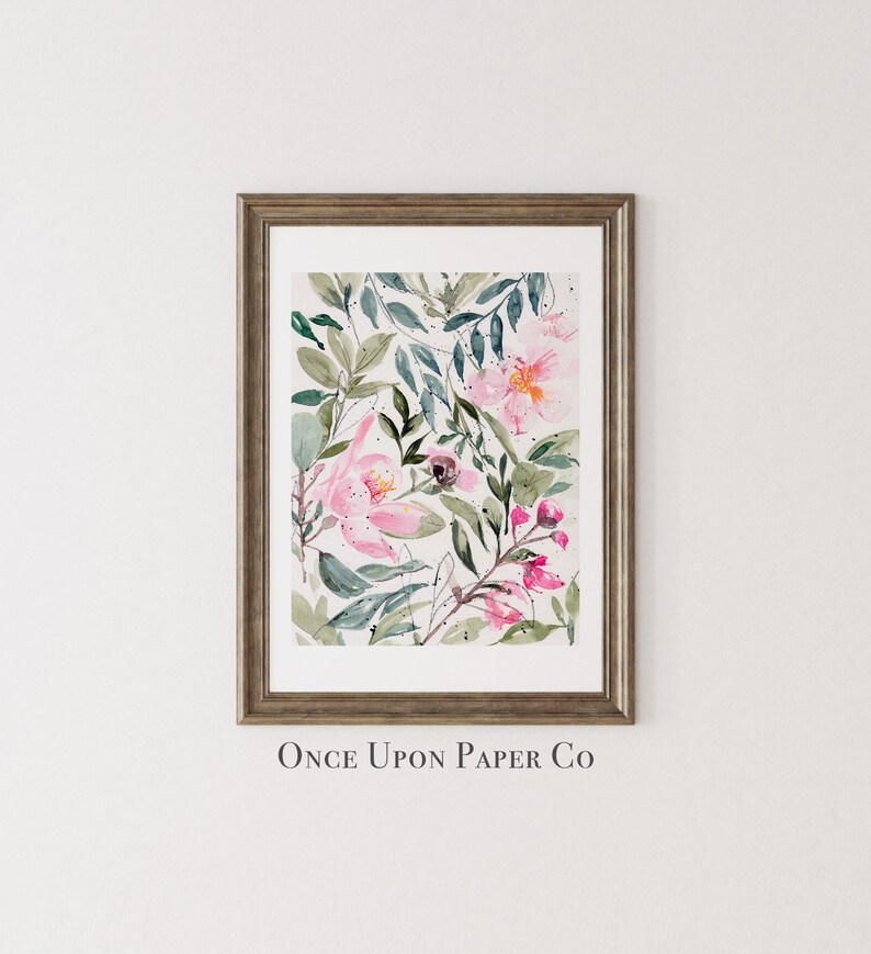 Floral print of Pink flowers and foliage in watercolor, Flower print, Floral pink art, floral prints, Flower wall decor, Floral art, instant image 5