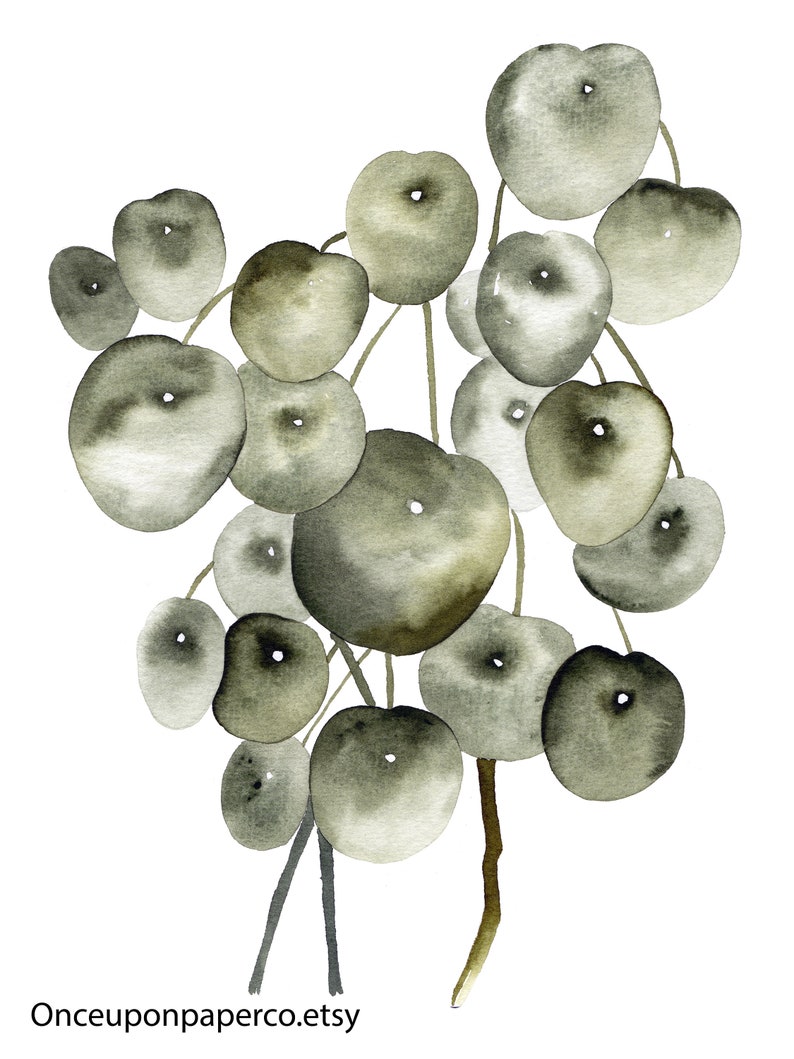 May include: Watercolor painting of a cluster of round, green leaves with a light brown stem. The leaves are arranged in a loose, organic pattern, creating a sense of movement and flow. The painting is done in a minimalist style, with a focus on the natural beauty of the leaves.