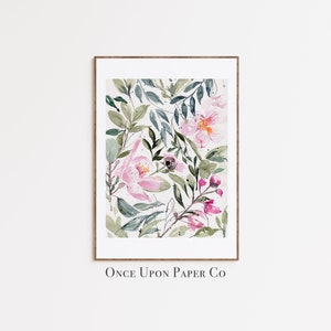 Floral print of Pink flowers and foliage in watercolor, Flower print, Floral pink art, floral prints, Flower wall decor, Floral art, instant image 1