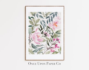 Floral print of Pink flowers and foliage in watercolor, Flower print, Floral pink art, floral prints, Flower wall decor, Floral art, instant