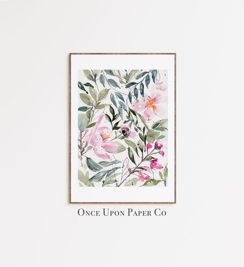 Floral print of Pink flowers and foliage in watercolor, Flower print, Floral pink art, floral prints, Flower wall decor, Floral art, instant image 1