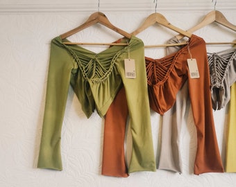 Bamboo Jersey - Hand Braided Long Flared Sleeve Crop Top in Rust, Olive, Camel, Taupe, Ivory, Black