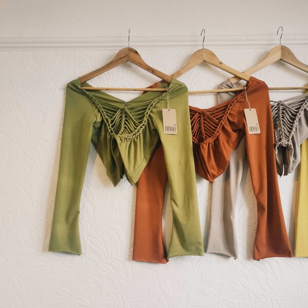 Bamboo Jersey - Hand Braided Long Flared Sleeve Crop Top in Rust, Olive, Camel, Taupe, Ivory, Black