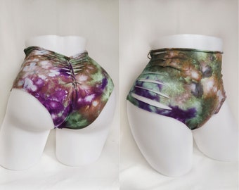 Wood Elf ~ Large ~ Ice Dyed Panties ~ Cotton Jersey Hand Braided ~ Purple, Pink, Green, Brown