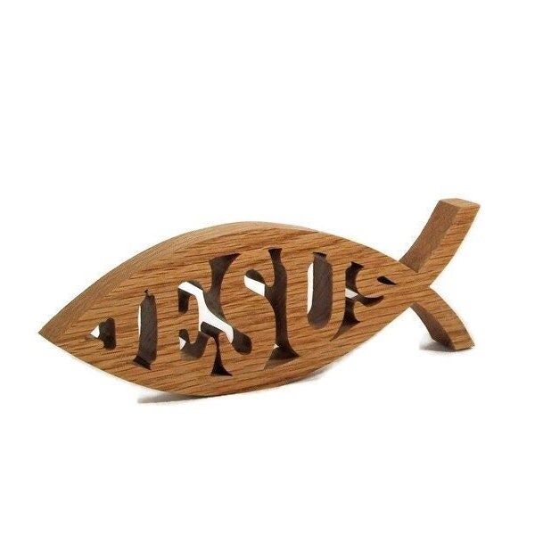 Jesus name, Christian fish symbol made from  solid wood scroll.   Christian gift.