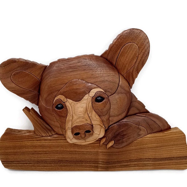 Bear cub wood sculpture, Intarsia style wood art, forest animal wall hanging, handmade Ameriacan bear.