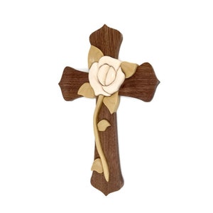 Cross and White Rose Intarsia wood art, Christian Cross decor.