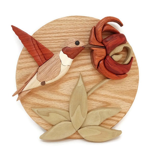 Hummingbird wood art.  Intarsia style woodworking