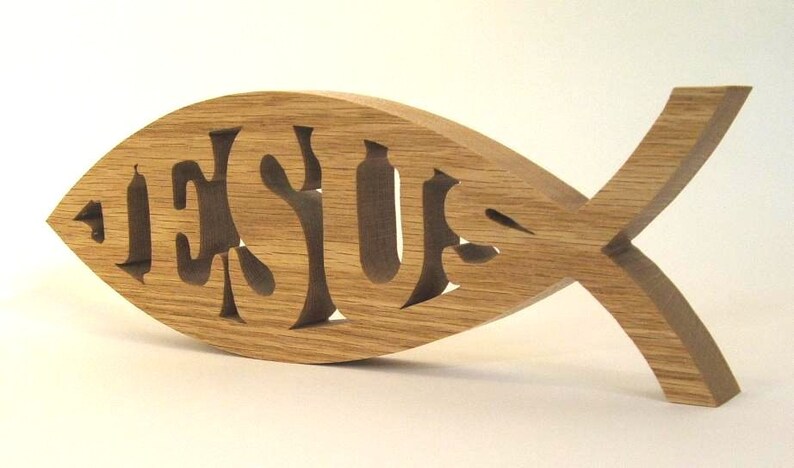 Christian Jesus name fish symbol solid wood scroll saw art