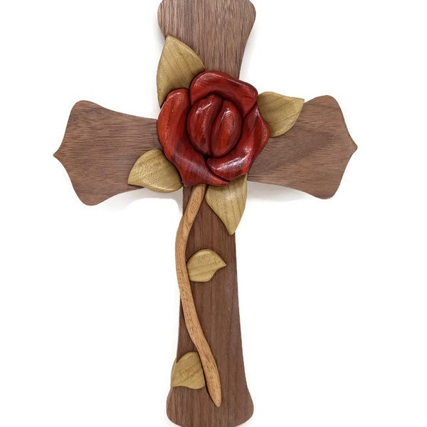 Cross with Red Rose Intarsia wood art, Christian Cross decor, handmade Bible lovers gift,