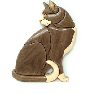 Cat decor, handmade wood wall hanging pet decor.  Intarsia style wood craft.