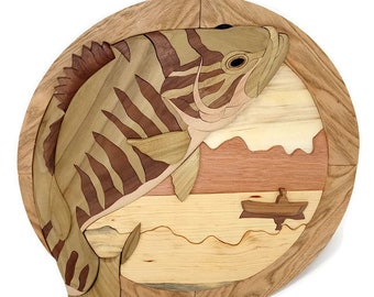 Bass Fishing wood art, Intarsia style woodcraft.