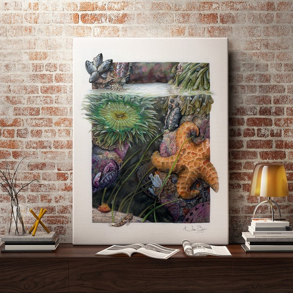 Gezeitenlache Zeichnung, Seestern Zeichnung, Ozean Druck, Ozean Poster, Ozean Kunst, Tierdruck, Ozean Dekor, Wildtiere, Tier Kunst, Natur Druck