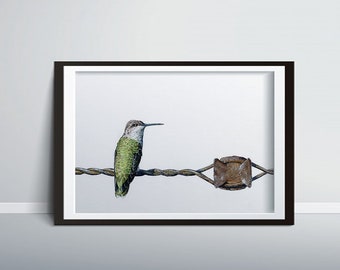 Hummingbird on Wire, Bird Print,  Hummingbird print, Bird Poster, Bird Art, Animal Print, Bird Decor, Wildlife, Animal Art, Nature Print