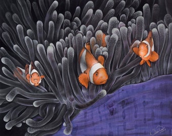 Dibujo a lápiz de color de pez payaso: Impresión del océano tropical