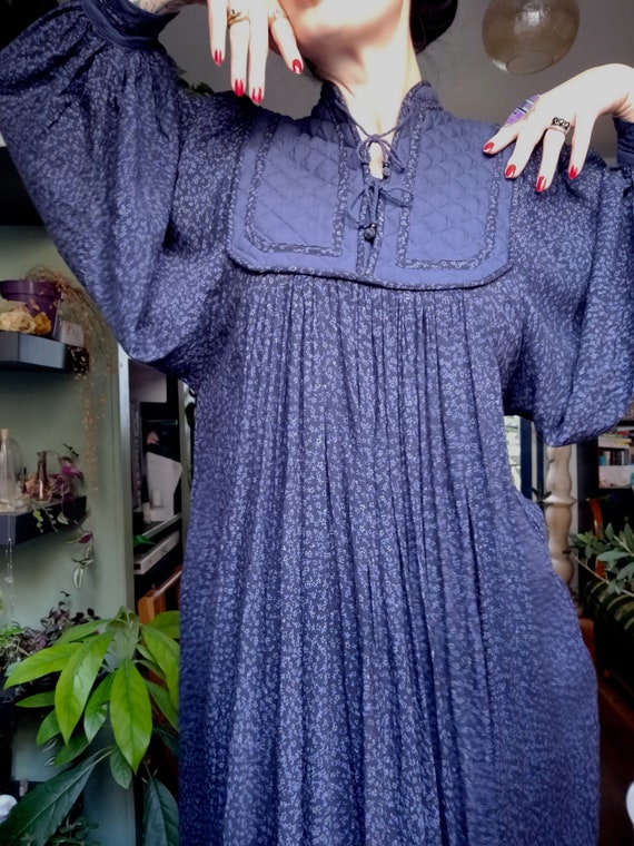 1970s Indian Cotton Quilted Calico Smock Dress