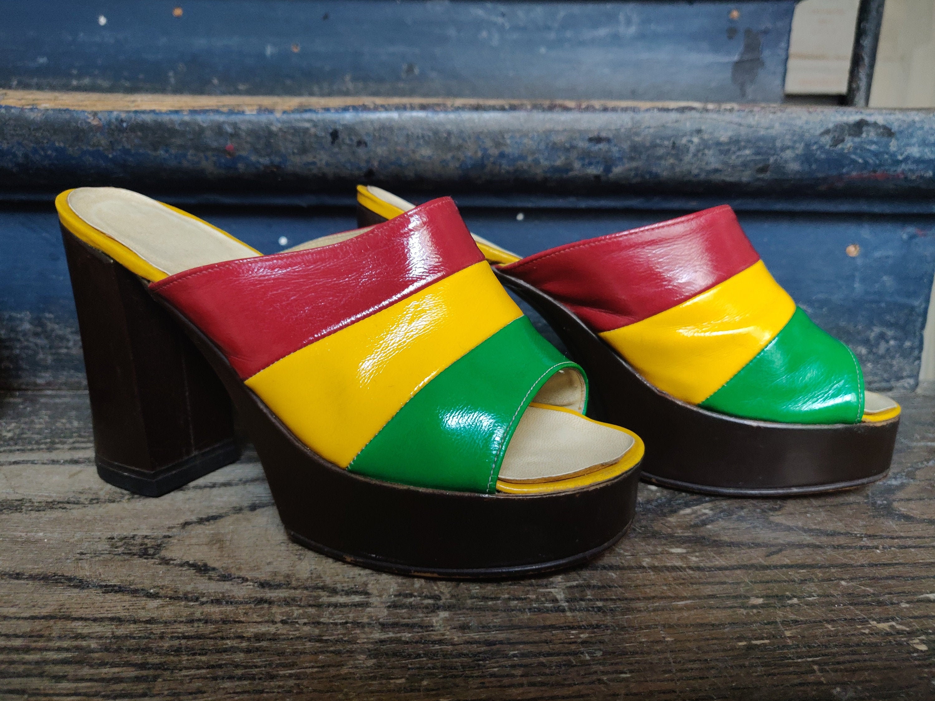 True 1970s French-made Color Block Platform Mules - Etsy