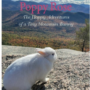 May include: A white rabbit with blue eyes sits on a rocky surface with a mountain range and fall foliage in the background. The text "Poppy Rose The Hoppy Adventures of a Tiny Mountain Bunny by Bree J. Schuette" is printed on the image.