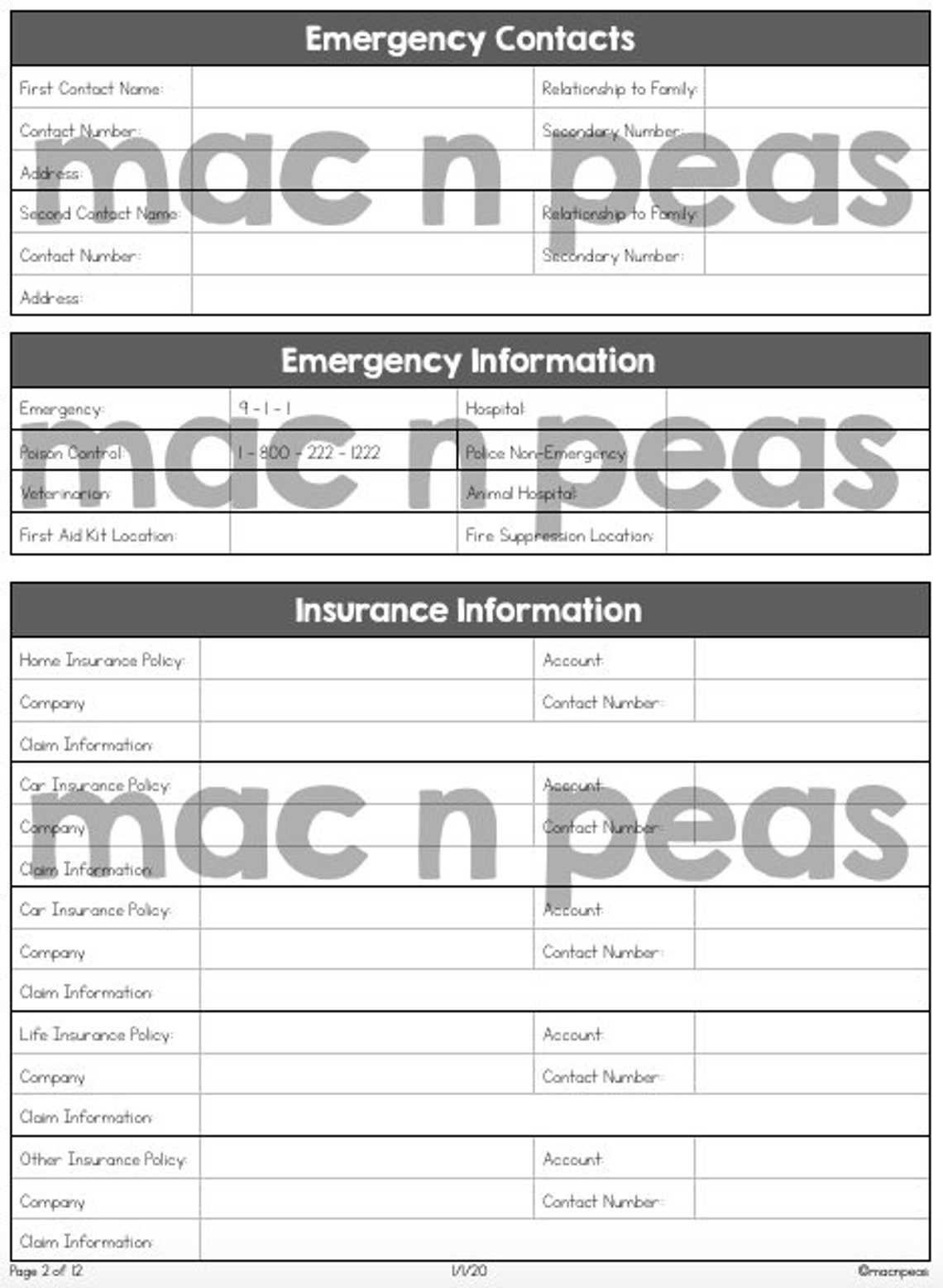 Emergency Information Binder Printable Household Binder Etsy Canada